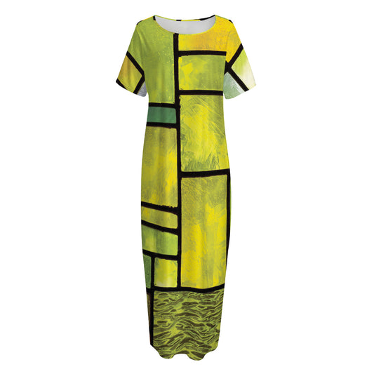 Square Stained Glass Mosaic Print Short Sleeve Long Nightdress