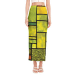 Square Stained Glass Mosaic Print Side Slit Maxi Skirt