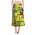 Square Stained Glass Mosaic Print Side Slit Midi Skirt