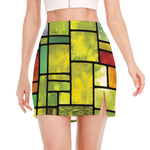 Square Stained Glass Mosaic Print Side Slit Mini Skirt