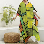 Square Stained Glass Mosaic Print Silk V-Neck Kaftan Dress
