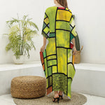 Square Stained Glass Mosaic Print Silk V-Neck Kaftan Dress