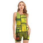 Square Stained Glass Mosaic Print Sleeveless One Piece Swimsuit