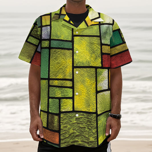 Square Stained Glass Mosaic Print Textured Short Sleeve Shirt