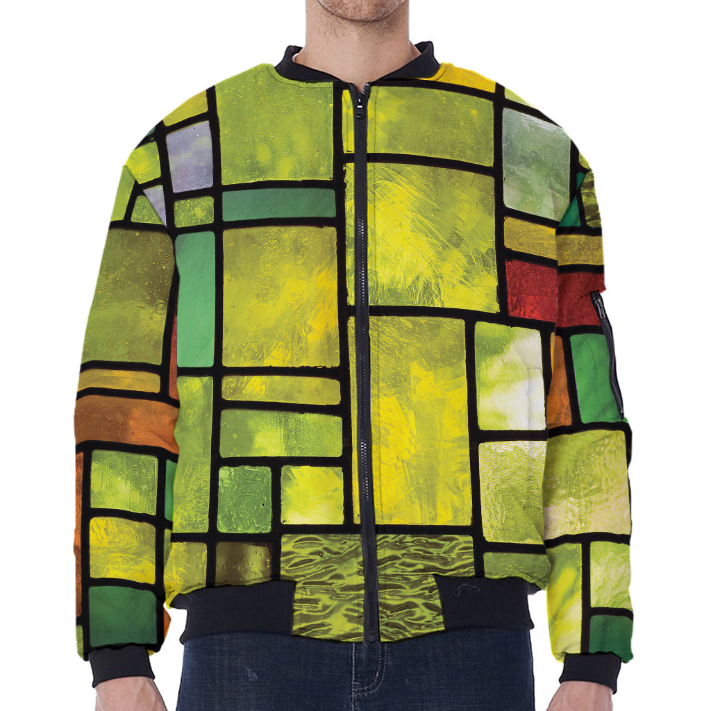Square Stained Glass Mosaic Print Zip Sleeve Bomber Jacket