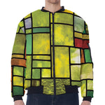 Square Stained Glass Mosaic Print Zip Sleeve Bomber Jacket