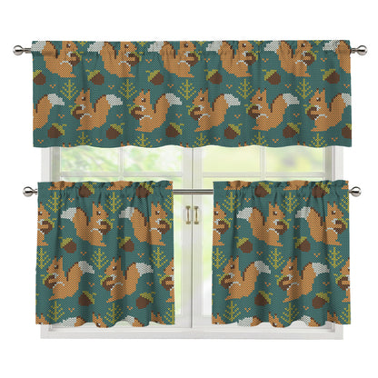 Squirrel Knitted Pattern Print 3 Piece Kitchen Curtains