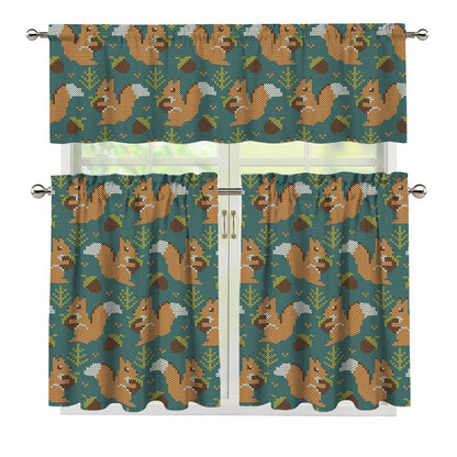 Squirrel Knitted Pattern Print 3 Piece Kitchen Curtains