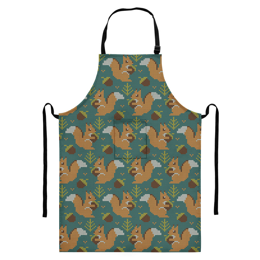Squirrel Knitted Pattern Print Bib Apron With Pocket