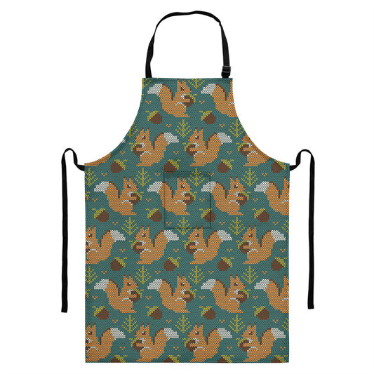 Squirrel Knitted Pattern Print Bib Apron With Pocket