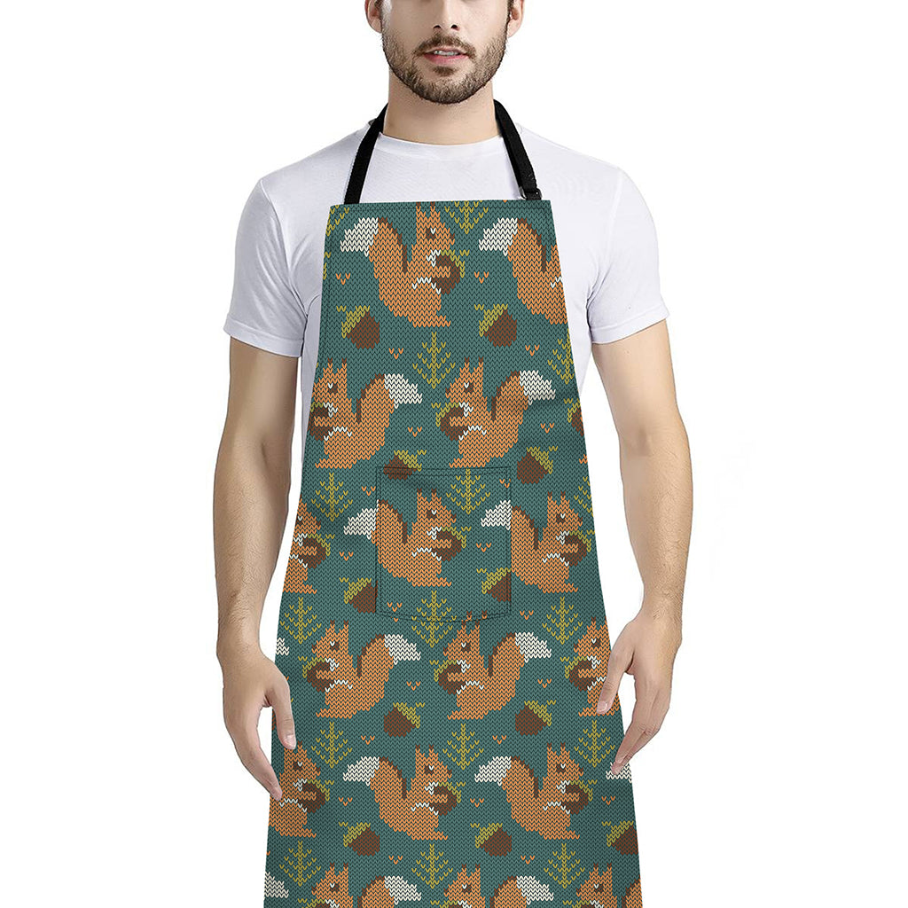 Squirrel Knitted Pattern Print Bib Apron With Pocket
