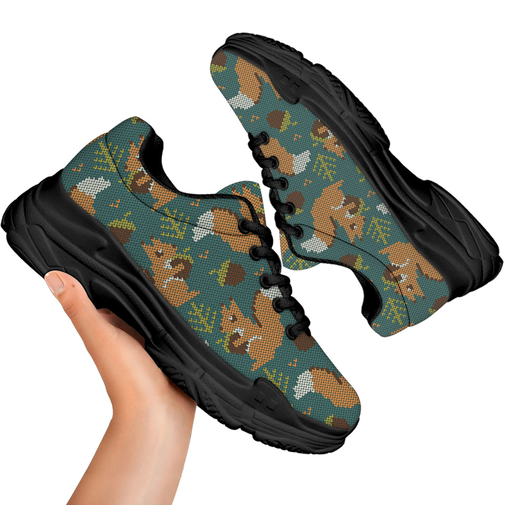 Squirrel Knitted Pattern Print Black Chunky Shoes