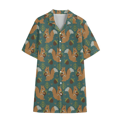 Squirrel Knitted Pattern Print Cotton Hawaiian Shirt