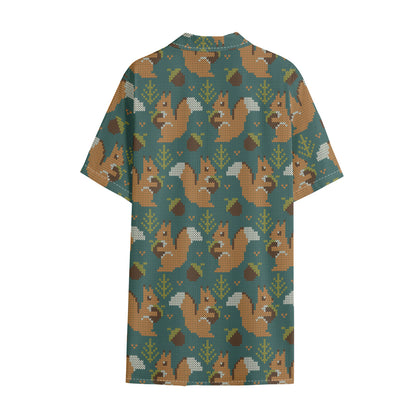 Squirrel Knitted Pattern Print Cotton Hawaiian Shirt