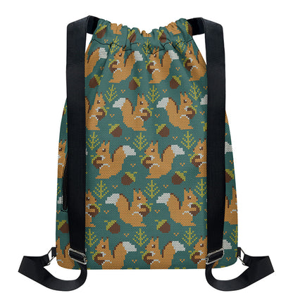 Squirrel Knitted Pattern Print Drawstring Backpack