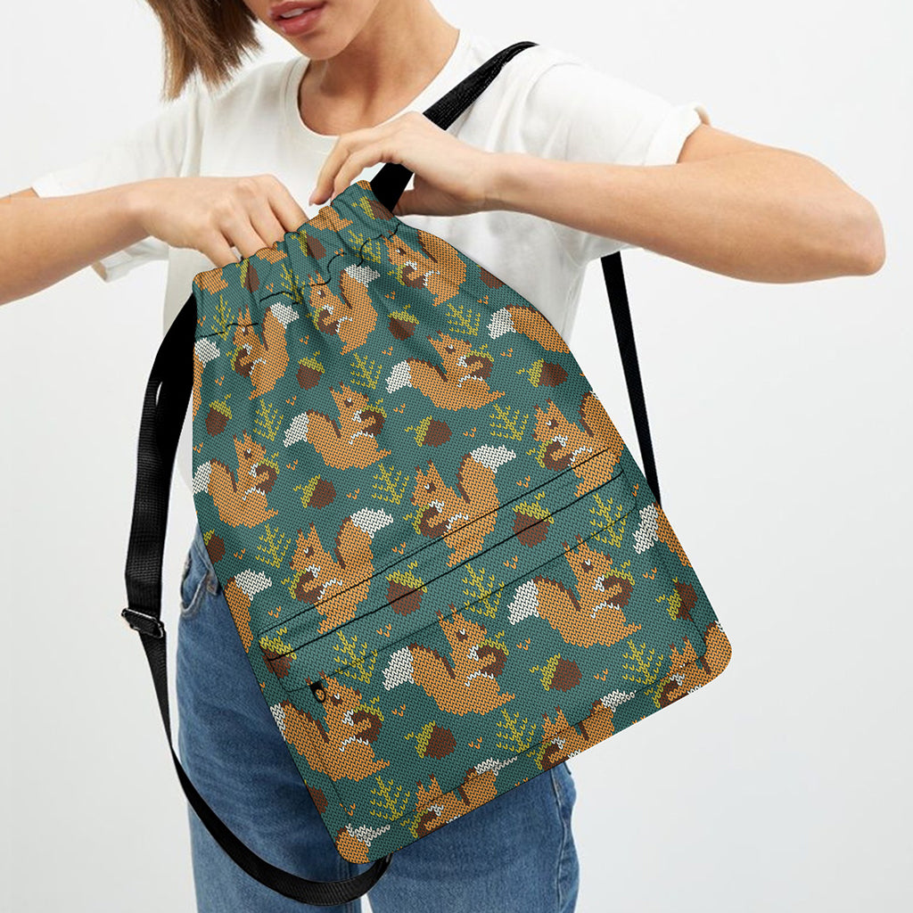 Squirrel Knitted Pattern Print Drawstring Backpack