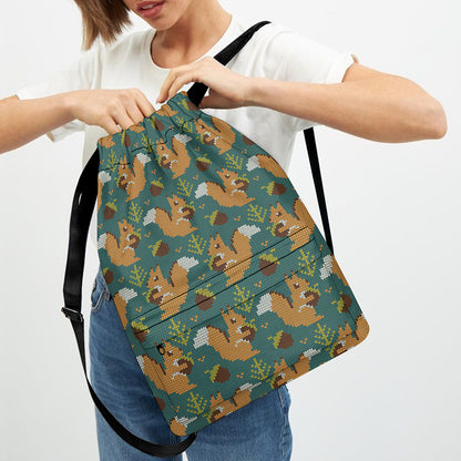 Squirrel Knitted Pattern Print Drawstring Backpack