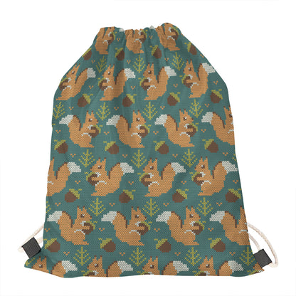 Squirrel Knitted Pattern Print Drawstring Bag