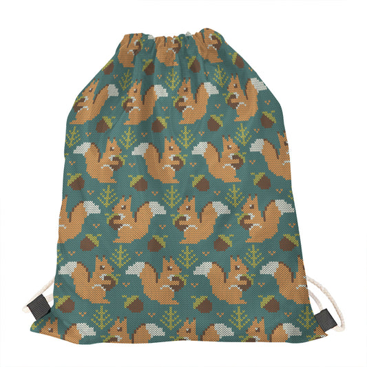 Squirrel Knitted Pattern Print Drawstring Bag