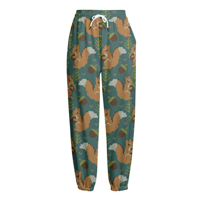 Squirrel Knitted Pattern Print Fleece Lined Knit Pants