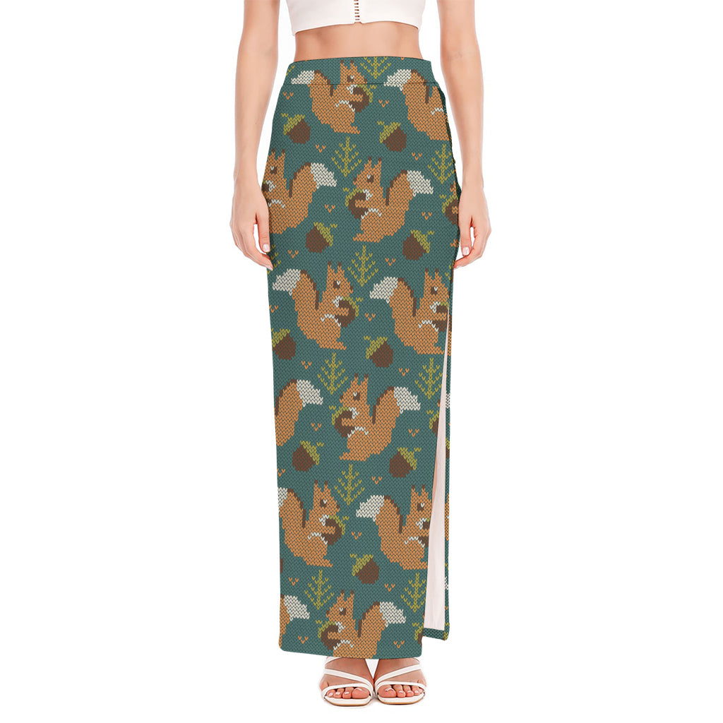 Squirrel Knitted Pattern Print High Slit Maxi Skirt