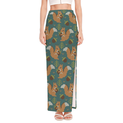 Squirrel Knitted Pattern Print High Slit Maxi Skirt