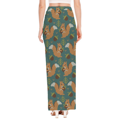 Squirrel Knitted Pattern Print High Slit Maxi Skirt