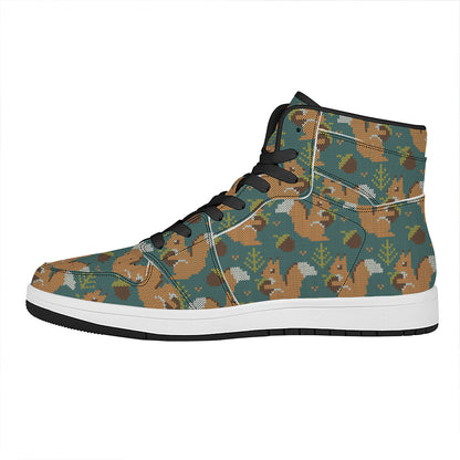 Squirrel Knitted Pattern Print High Top Leather Sneakers