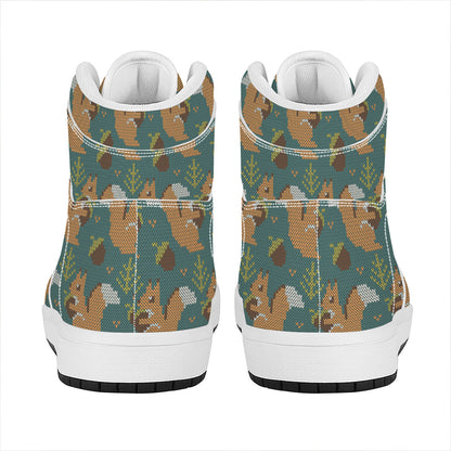 Squirrel Knitted Pattern Print High Top Leather Sneakers