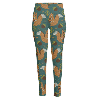 Squirrel Knitted Pattern Print High-Waisted Pocket Leggings