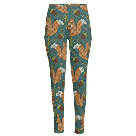 Squirrel Knitted Pattern Print High-Waisted Pocket Leggings