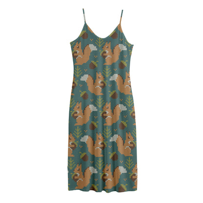 Squirrel Knitted Pattern Print Jersey Midi Cami Dress