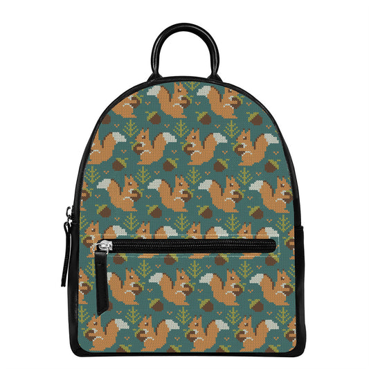 Squirrel Knitted Pattern Print Leather Backpack
