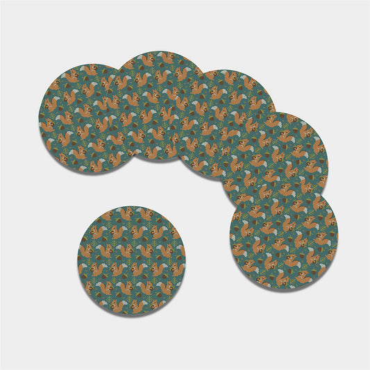 Squirrel Knitted Pattern Print Leather Coaster Set