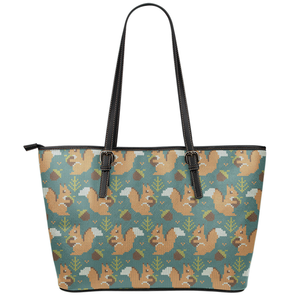 Squirrel Knitted Pattern Print Leather Tote Bag