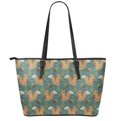 Squirrel Knitted Pattern Print Leather Tote Bag