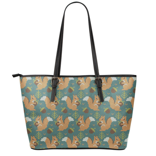 Squirrel Knitted Pattern Print Leather Tote Bag