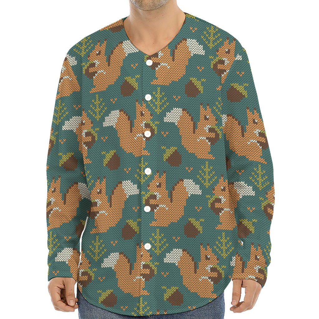 Squirrel Knitted Pattern Print Long Sleeve Baseball Jersey