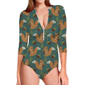 Squirrel Knitted Pattern Print Long Sleeve Swimsuit