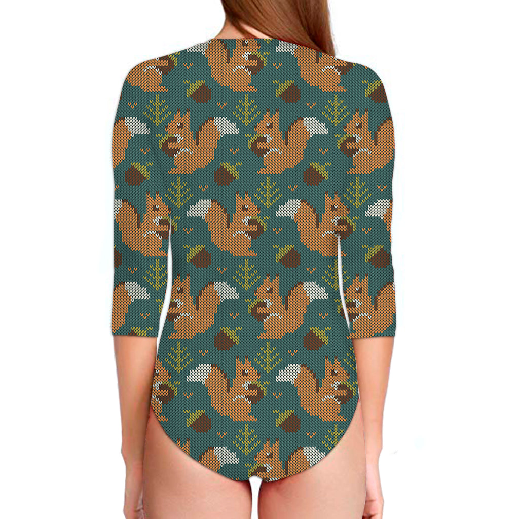Squirrel Knitted Pattern Print Long Sleeve Swimsuit