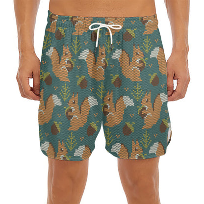 Squirrel Knitted Pattern Print Men's Split Running Shorts