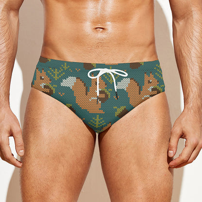 Squirrel Knitted Pattern Print Men's Swim Briefs