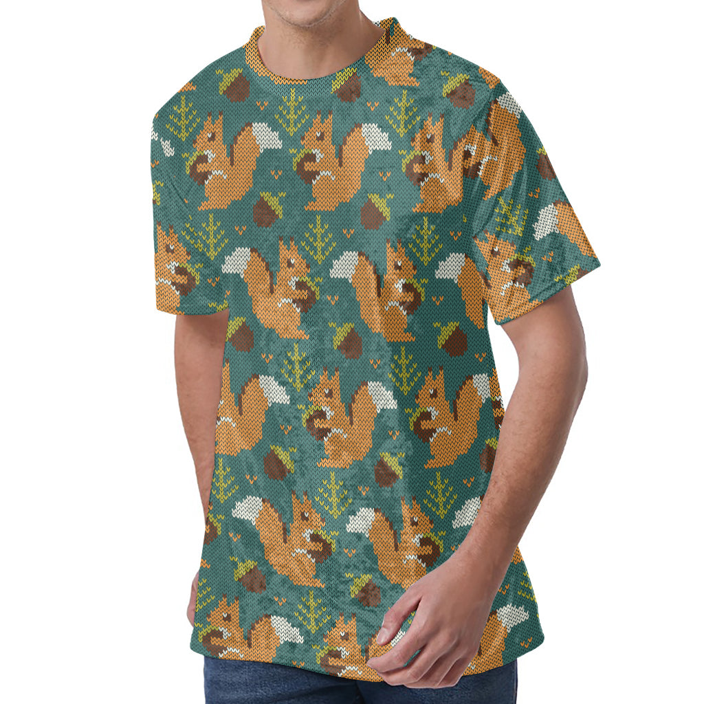 Squirrel Knitted Pattern Print Men's Velvet T-Shirt