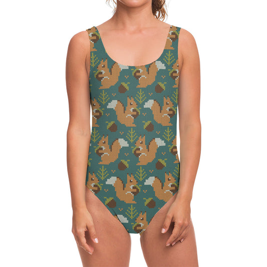 Squirrel Knitted Pattern Print One Piece Swimsuit