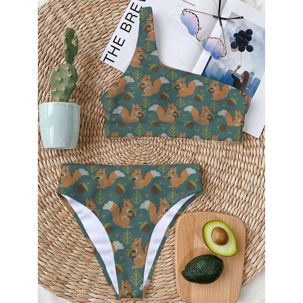 Squirrel Knitted Pattern Print One Shoulder Bikini Top