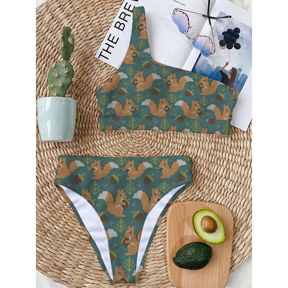 Squirrel Knitted Pattern Print One Shoulder Bikini Top