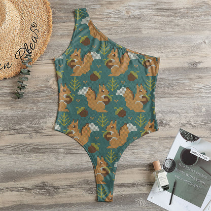 Squirrel Knitted Pattern Print One Shoulder Bodysuit