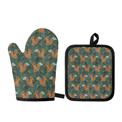 Squirrel Knitted Pattern Print Oven Mitt And Pot Holder Set
