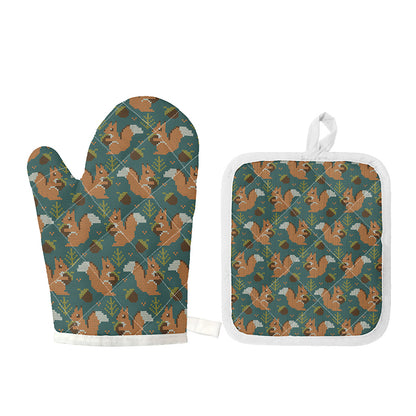 Squirrel Knitted Pattern Print Oven Mitt And Pot Holder Set