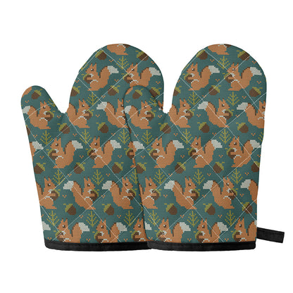Squirrel Knitted Pattern Print Oven Mitts
